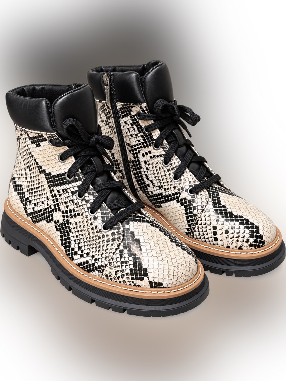 Linea Paolo Trinity Combat Boot Women's Black & White Snake Print